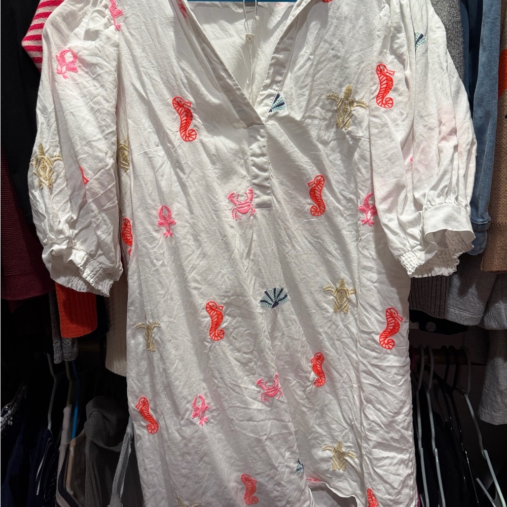 Lilly Pulitzer White Embroidered Seaside Tunic with Coral and Pink Accents